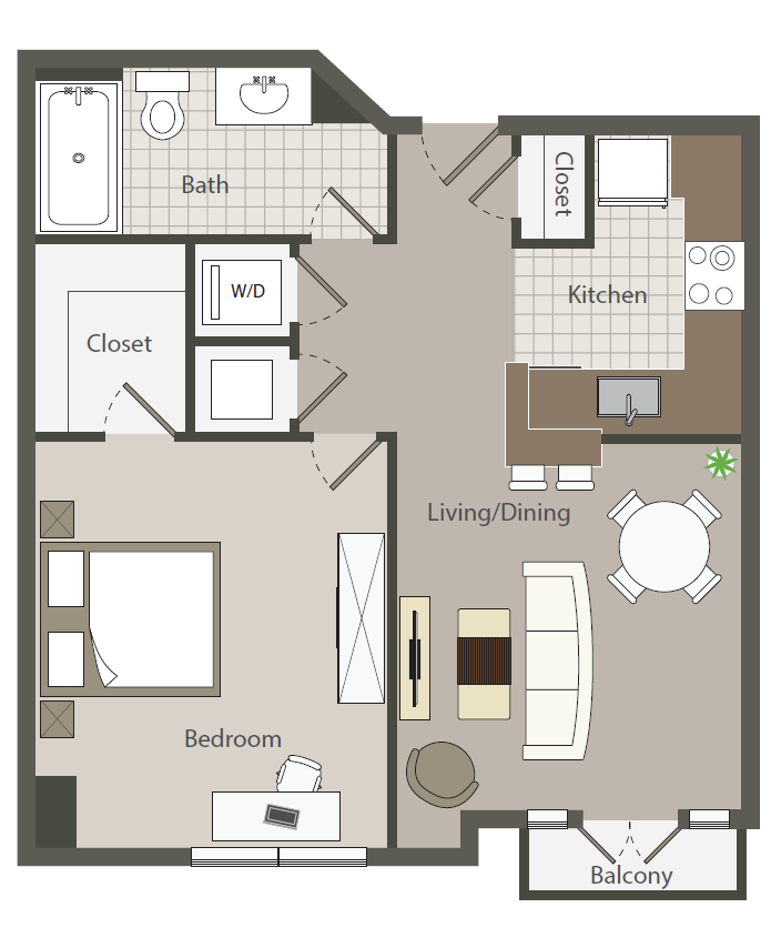 Floor plan for 1 bed, 1 bath, 588 sqft